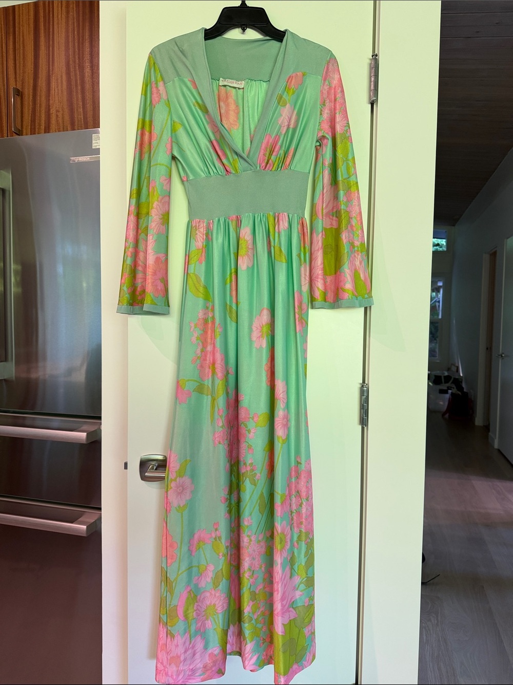 Olgawear Vintage 1970’s Mint Green Floral Wrap-Style Maxi Dress with Pink Blooms